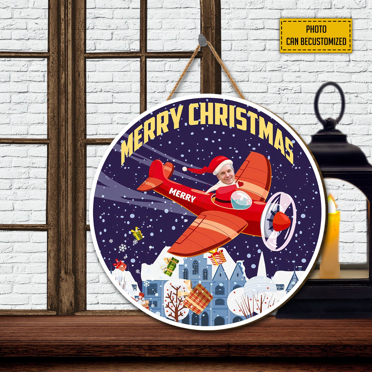 Teesdily | Customized Funny Pilot Wood Sign With Face Santa Claus Flying Plane Hanging Wood Sign Merry Christmas Daddy Gift Home Decoration