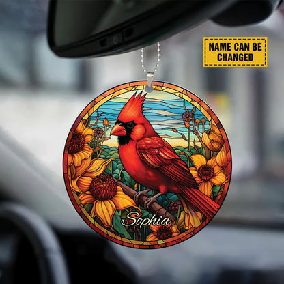 Teesdily | Personalized Cardinal Ceramic Ornament Car Hanging, Christmas Ornament Stained Glass Red Bird Acrylic Ornament, Xmas Gift Family Member