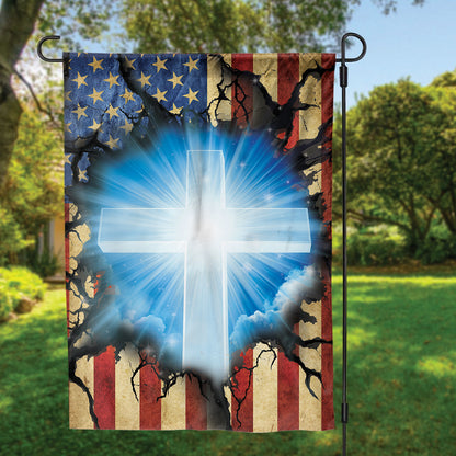 Teesdily | Jesus Cross Crack Hole House Flag, Jesus Christ Cross Garden Flag, Christian Home Garden Decor, Religious Outdoor Home Decor