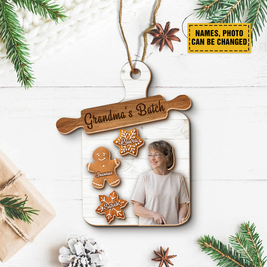 Teesdily | Custom Grandma Mom Cookie Board Christmas Ornament, Christmas Gingerbread Cookie Snowflake 2 Layered Wood Ornament 2024