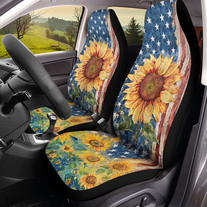 Teesdily | American Flag Sunflower Car Seat Cover, Independence Day Front Seat Cover, Sunflower Seat Protector, Car Accessories, Gift For Patriot