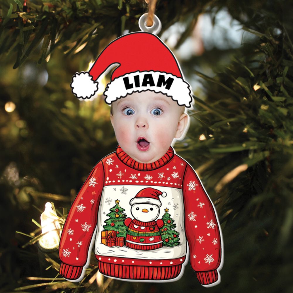 Teesdily | Customized Christmas Ugly Sweater Kid Ornament, Baby Photo Sweatshirt Ornament Christmas, Kid Hat Santa Christmas Gift