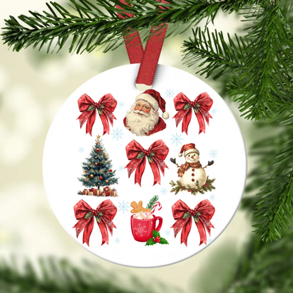 Teesdily | Personalized Christmas Coquette Bow Santa Ornament, Noel Santa Bow Ornaments Christmas Gifts For Best Friend