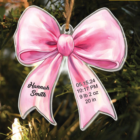 Teesdily | Customized Christmas Coquette Bow Ornament, Baby's First Christmas Ornament, Baby Birth Information Ornament Xmas Gift