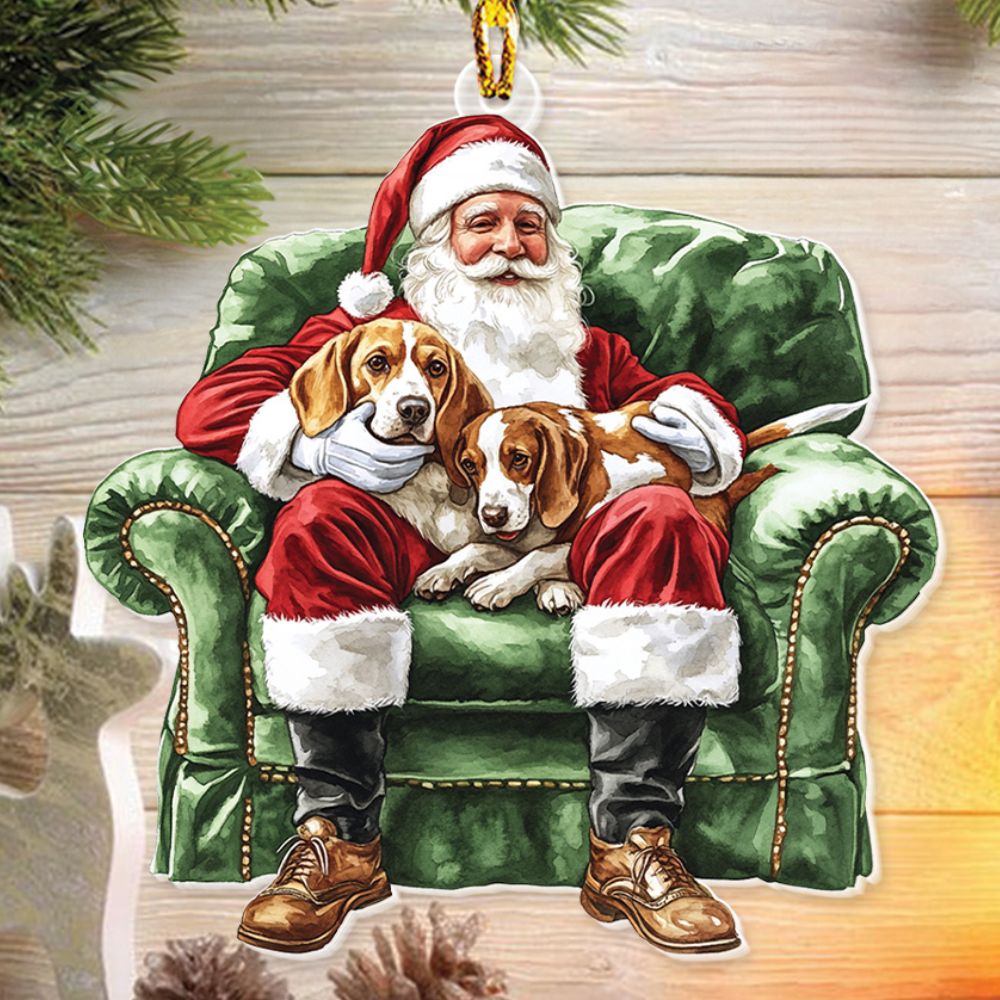 Teesdily | Santa Beagles Ornament Christmas, Santa Claus Dog On Sofa 2D Acrylic Ornament Hanging Decor, Dog Mom Christmas Gift