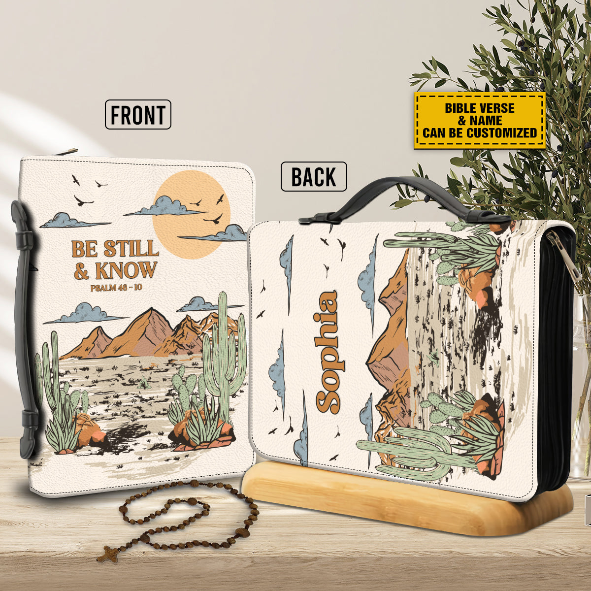 Teesdily | Personalized Desert Cactus Bible Study, Be Still And Know That I Am God Bible Book Cover, Christian Cowboy Cowgirl Bible Cover With Handle
