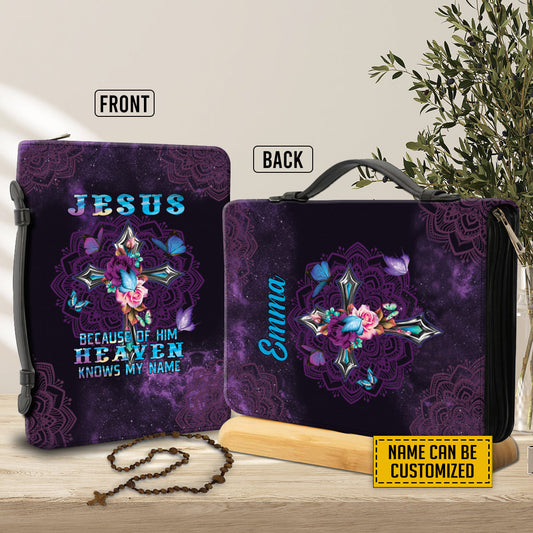 Teesdily | Jesus Christ Butterfly Customized Bible Holder, Because Of Him Heaven Knows My Name, Cross Mandala Bible Carrier, Women Christian Gifts