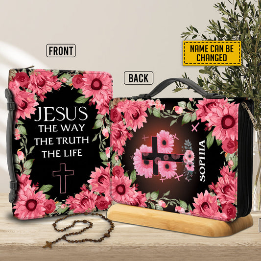 Teesdily | God Sunflower Personalized Bible Bag Pink, Jesus The Way The Truth The Life, God Faith Bible Cover, Bible Carrying Case For Women