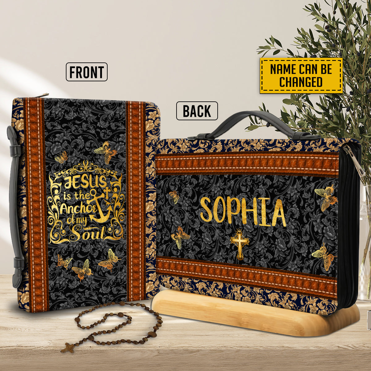 Teesdily | God Butterfly Retro Personalized Bible Cover, Jesus Is The Anchor Of My Soul, Jesus Faith Bible Bag, Religious Bible Cover With Handle