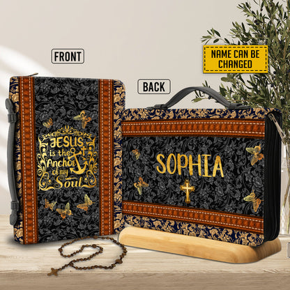 Teesdily | God Butterfly Retro Personalized Bible Cover, Jesus Is The Anchor Of My Soul, Jesus Faith Bible Bag, Religious Bible Cover With Handle