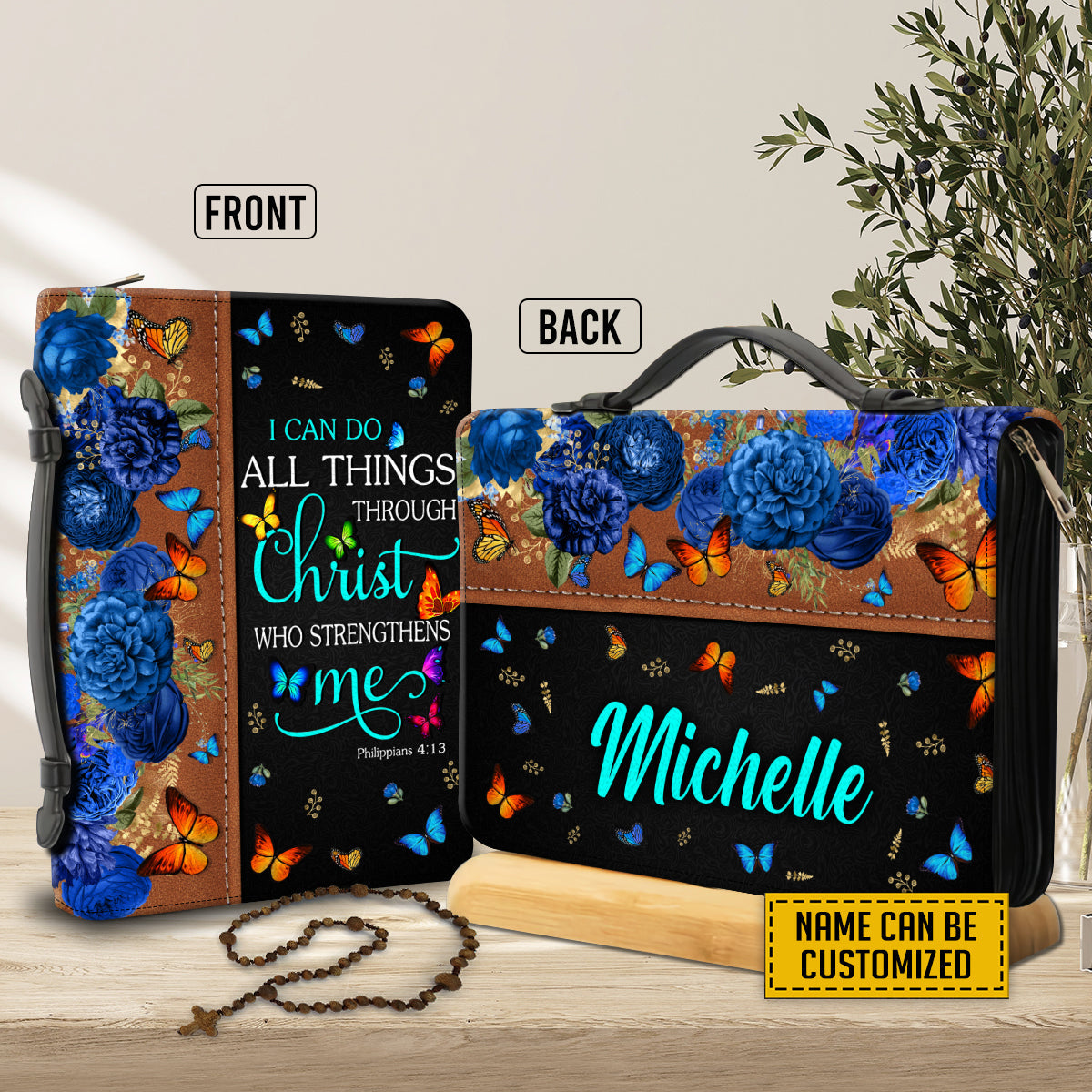 Teesdily | Custom Name Butterfly Flower Bible Carrier, I Can Do All Things Through Christ, Religious Bible Purse, Christian Bible Gifts Bible Cover