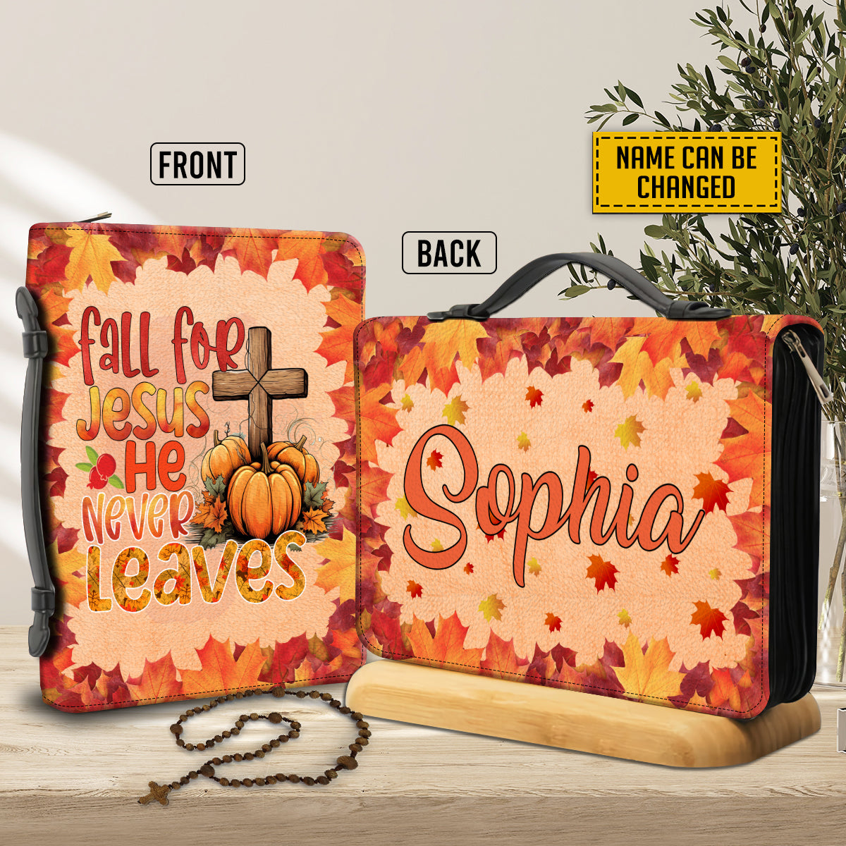 Teesdily | Jesus Thanksgiving Personalized Bible Case, Fall For Jesus He Never Leaves Bible Carrier, Autumn Pumpkin Harvest Bible Cover With Handle