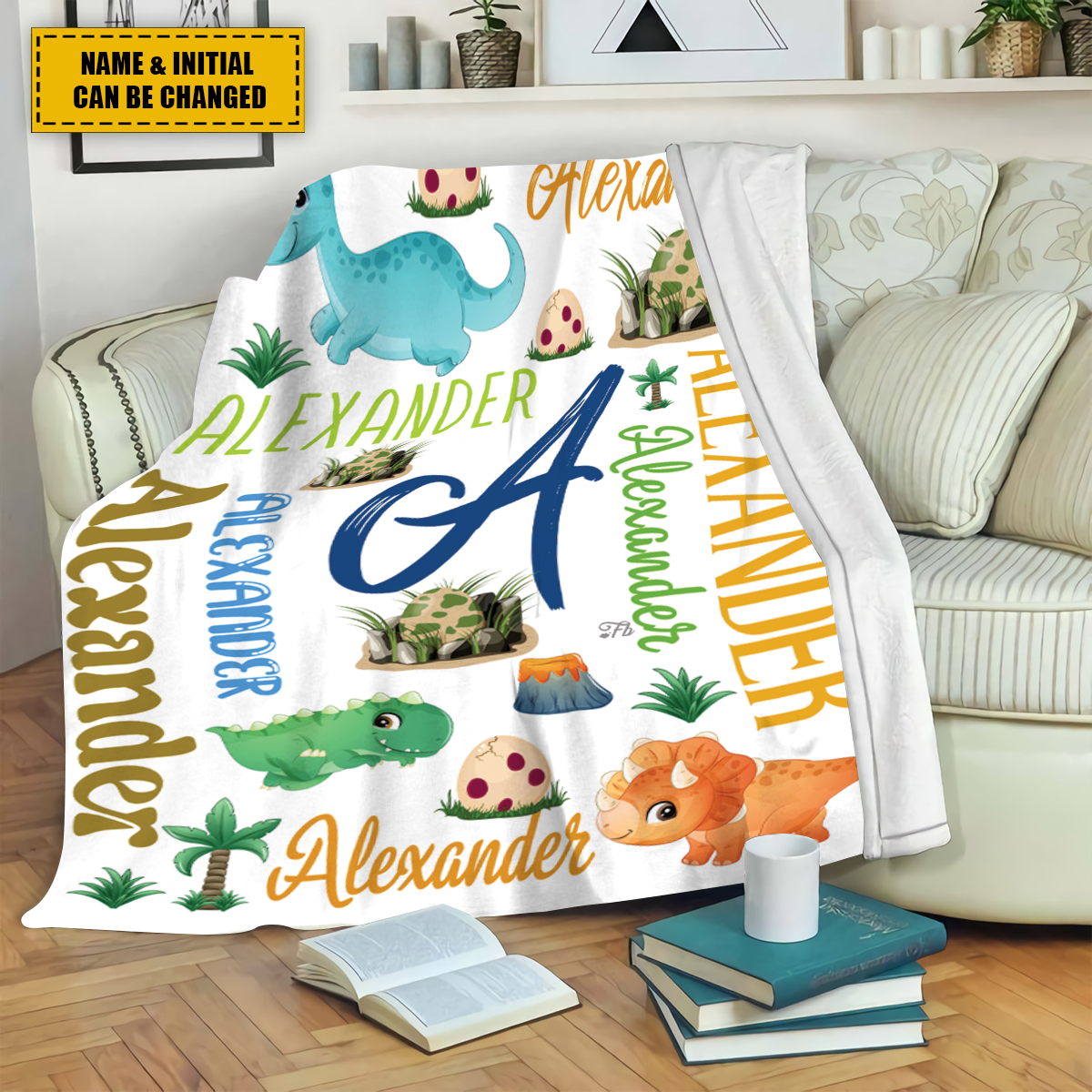 Teesdily | Customized Cute Dinosaurs Kids Blanket Letter Fleece Blanket Dino Chibi Sofa Blanket Custom Baby Blanket Baby Boy Son Toddler Gifts