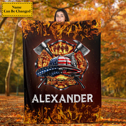 Teesdily | Customized Name American Firefighter Fleece Blanket American Fireman Travel Blanket Firefighter Dad Gifts Warm Sofa Blanket