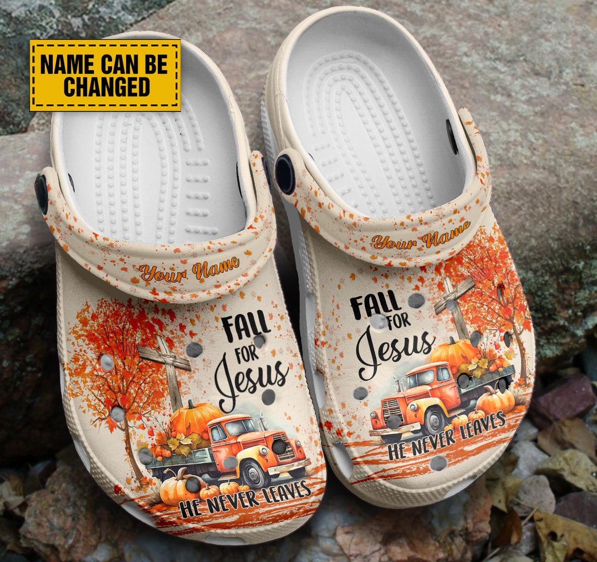 Teesdily | Fall For Jesus He Never Leaves Customized Clogs Shoes, Gift For Jesus Lovers, God Faith Believers, Christian Gifts, Pumpkin Car Clogs Shoes, Kid & Adult Unisex Clogs Shoes Eva