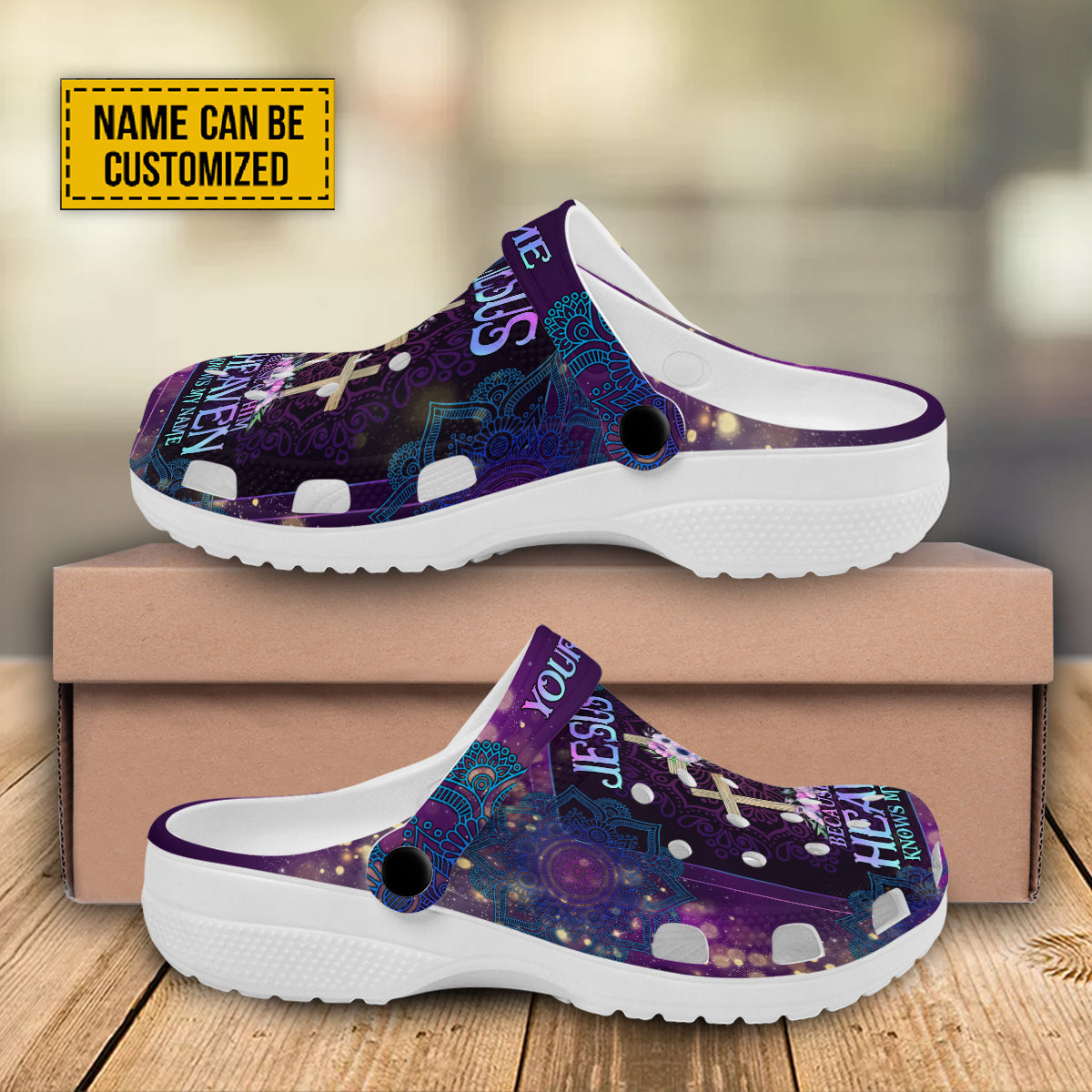 Teesdily | Jesus Because Of Him Heaven Knows My Name Customized Clogs Shoes, God Faith Believers, Christian Gifts, Purple Jesus Clogs Shoes, Kid & Adult Unisex Clogs Shoes Eva