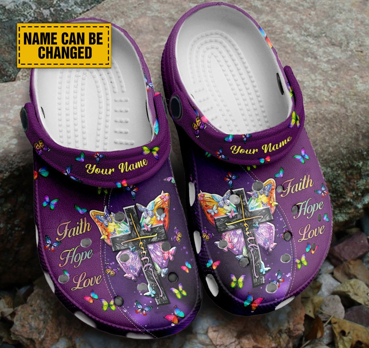 Teesdily | Faith Hope Love Customized Clogs Shoes, Gift For Jesus Lovers, God Faith Believers, Christian Gifts, Purple Clogs Shoes, Kid & Adult Unisex Clogs Shoes Eva