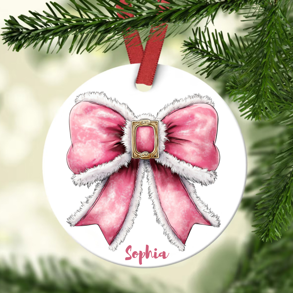 Teesdily | Personalized Christmas Coquette Bow Santa Ornament, Noel Santa Bow Ornaments Christmas Gifts For Best Friend