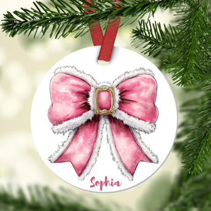 Teesdily | Personalized Christmas Coquette Bow Santa Ornament, Noel Santa Bow Ornaments Christmas Gifts For Best Friend