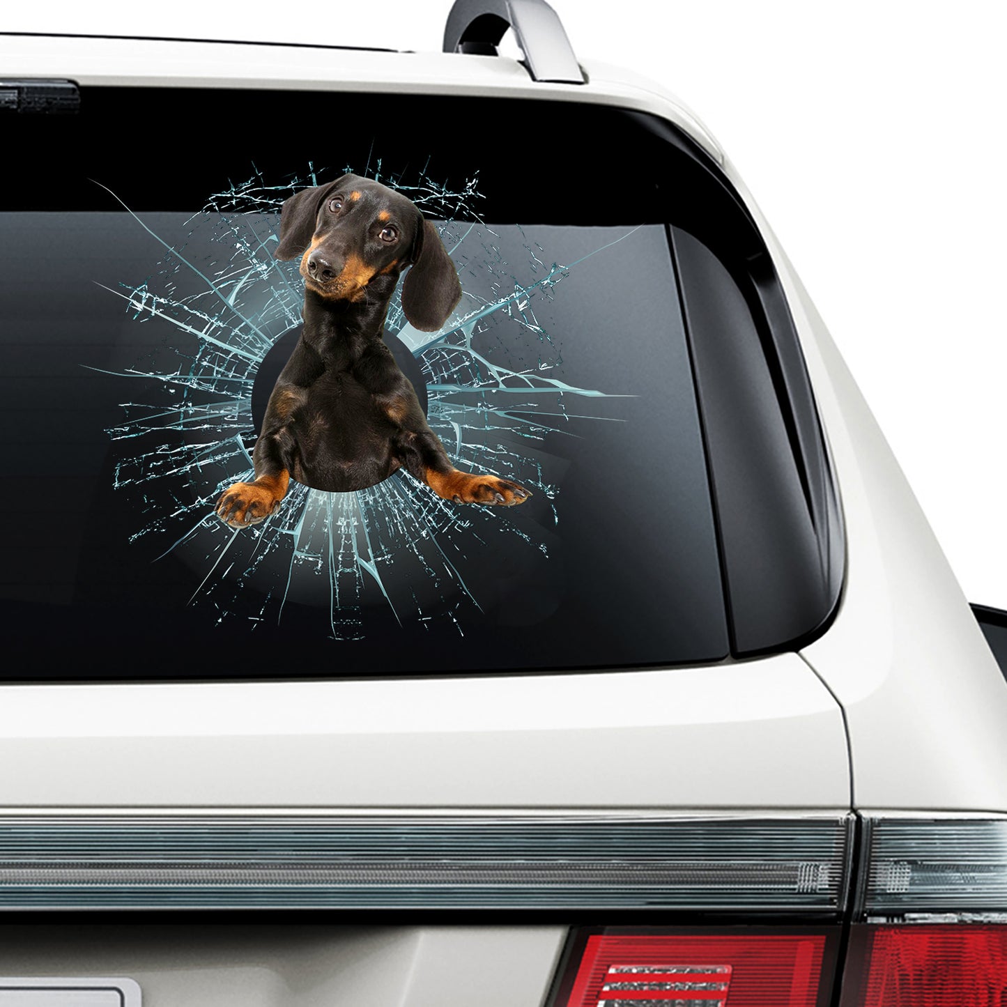 Teesdily | Dachshund Dog Car Sticker Black Dachshund Crack Glasses Printed Decal Funny Car Window Decor