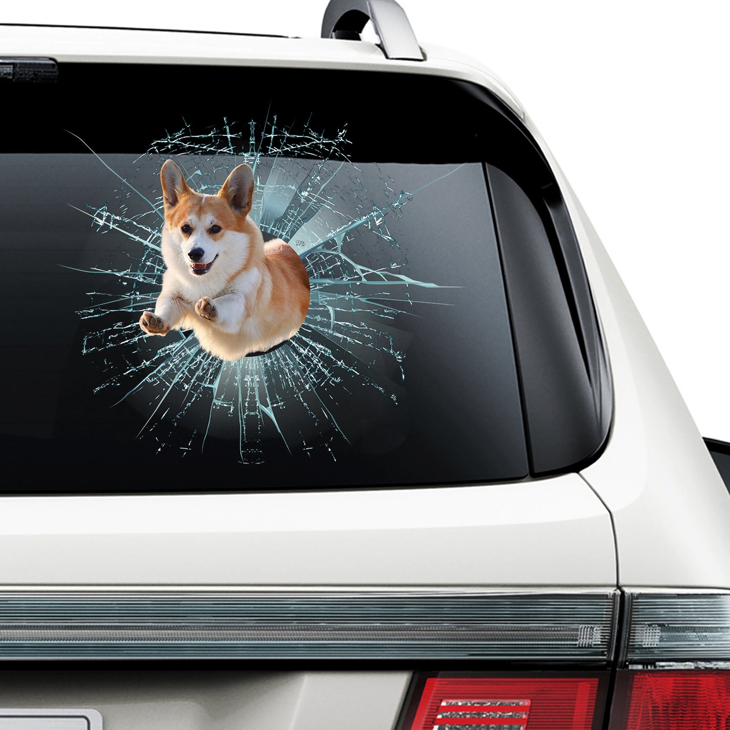 Teesdily | Pembroke Welsh Corgi Running Decal Dog Crack Glass Effect Print Stickers Corgi Mom Car Decor