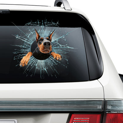 Teesdily | Dobermann Funny Face Printed Decal Dog Inside Crack Hole Effect Car Sticker Dog Owner Car Decor