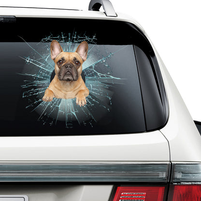 Teesdily | French Bulldog Photo Print Decal Dog Cracked Glass Car Sticker Fun Car Decor For Dog Mom Dad