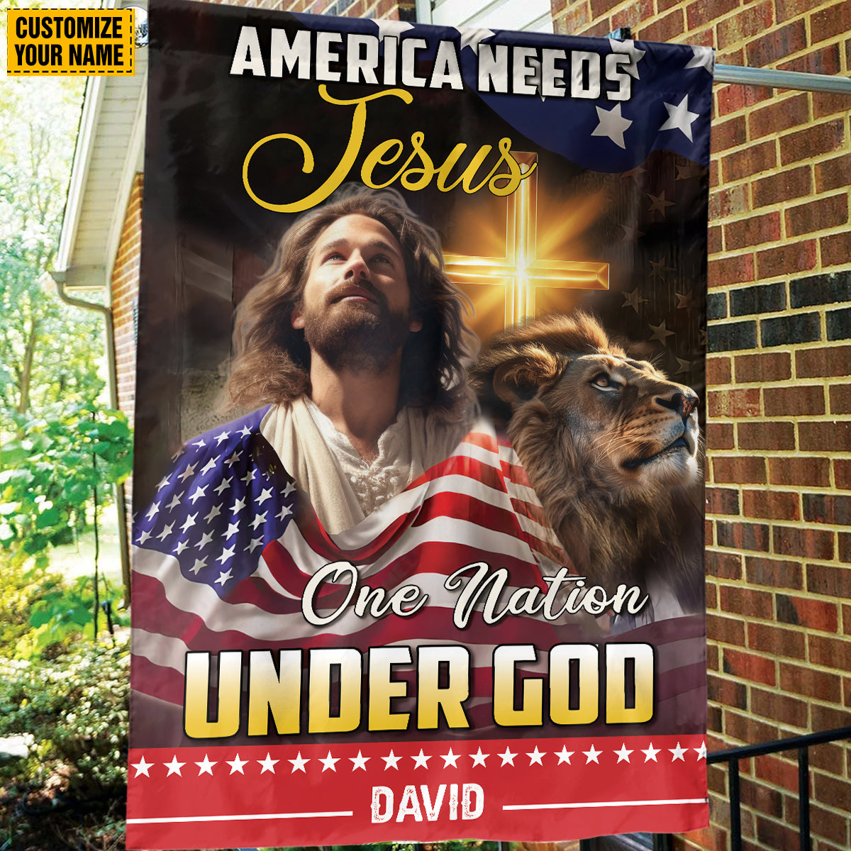 Teesdily | Customized Jesus Lion Of Judah American Flag Home, American Needs Jesus One Nation Under God House Garden Flag, Independence Day Gifts