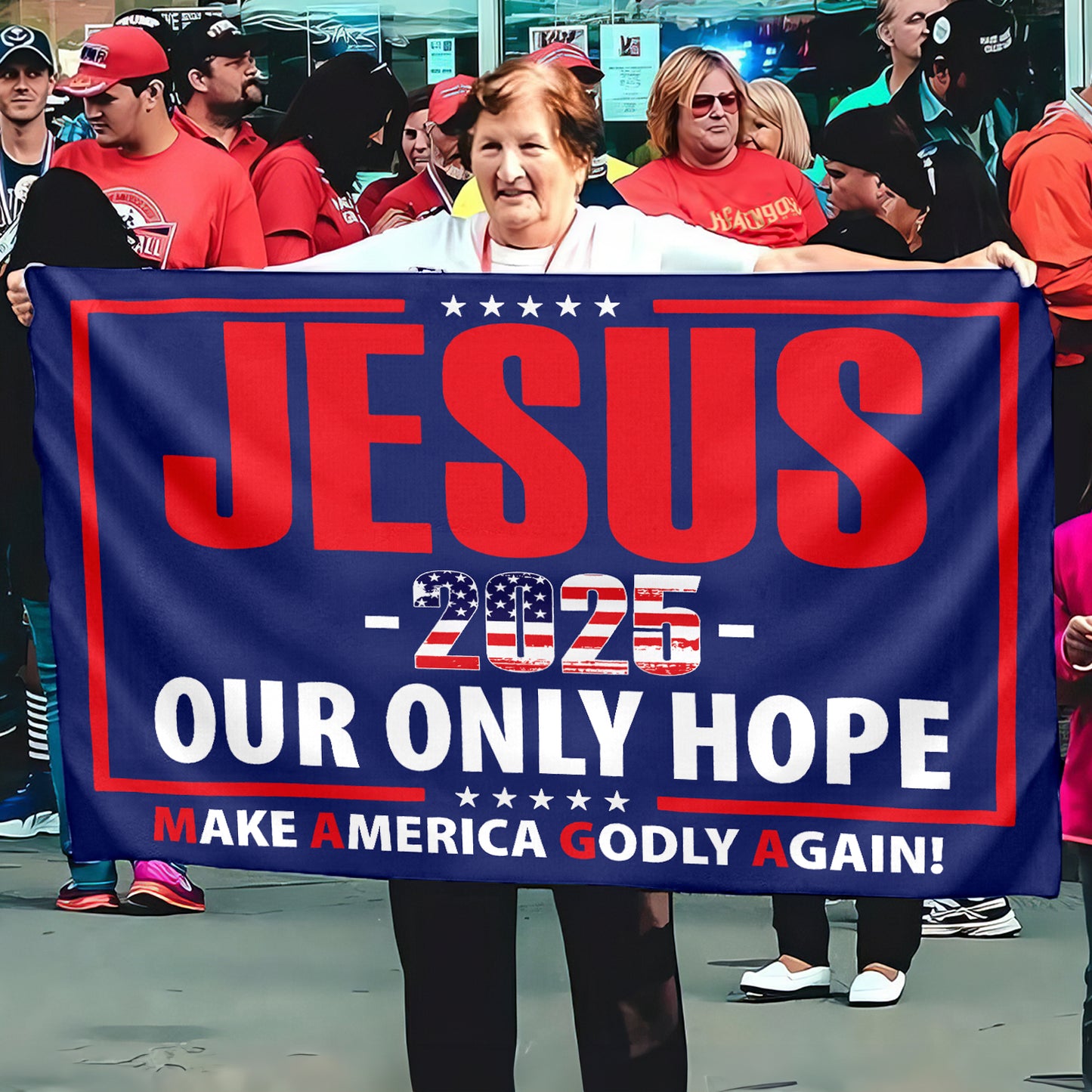 Teesdily | American Flag Jesus House Flag, Jesus 2025 Our Only Hope Make America Godly Again Garden Flag, Patriotic Flag, Outdoor Decor Gifts