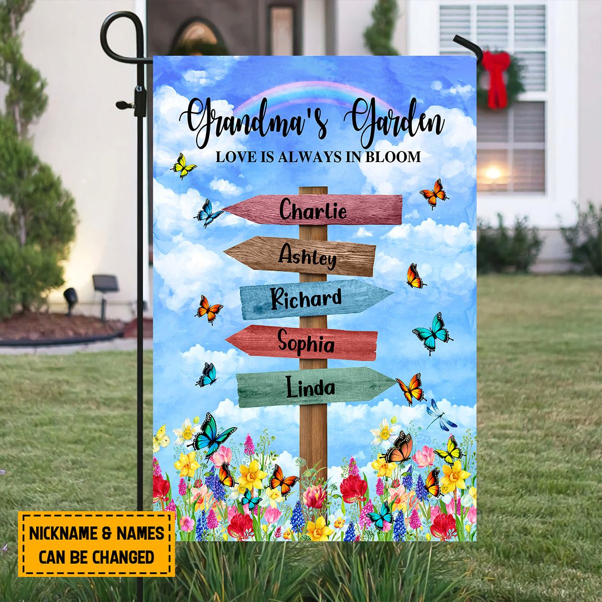 Teesdily | Customized Grandma Outdoor Garden Flag With Kids Name Love Is Always In Bloom Flag Mimi's Garden House Flag Mother's Day Outdoor Home Decor