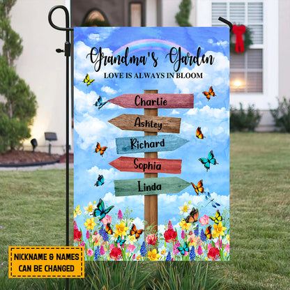 Teesdily | Customized Grandma Outdoor Garden Flag With Kids Name Love Is Always In Bloom Flag Mimi's Garden House Flag Mother's Day Outdoor Home Decor