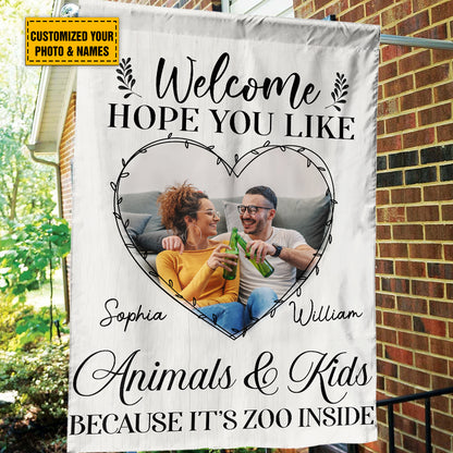 Teesdily | Couple Custom Photo Garden Flag Welcome Hope You Like Animals And Kids House Flag Couple Family Home Garden Flag Outdoor Decoration