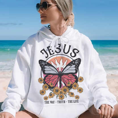 Teesdily | Jesus Christ Butterfly Sunflower Shirt Jesus The Way Truth The Life Sweatshirt Hoodie Mug God Faith Crew Neck T Shirts For Women