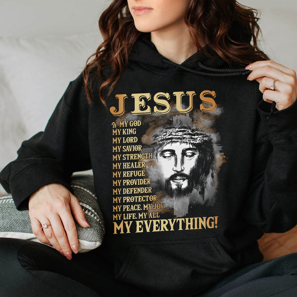 Teesdily | Jesus Portrait Graphic Shirt, Jesus My God My King My Everything Sweatshirt Hoodie Mug, Jesus Christian Short Sleeve Shirts, Religious Gifts