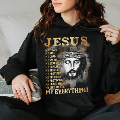 Teesdily | Jesus Portrait Graphic Shirt, Jesus My God My King My Everything Sweatshirt Hoodie Mug, Jesus Christian Short Sleeve Shirts, Religious Gift