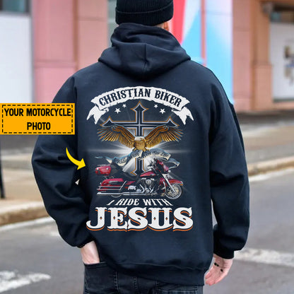 Teesdily | Personalized Motorcycle Photo Shirt, Christian Biker Shirt, I Ride With Jesus Hoodie Sweatshirt Mug, Motorcycle Gifts