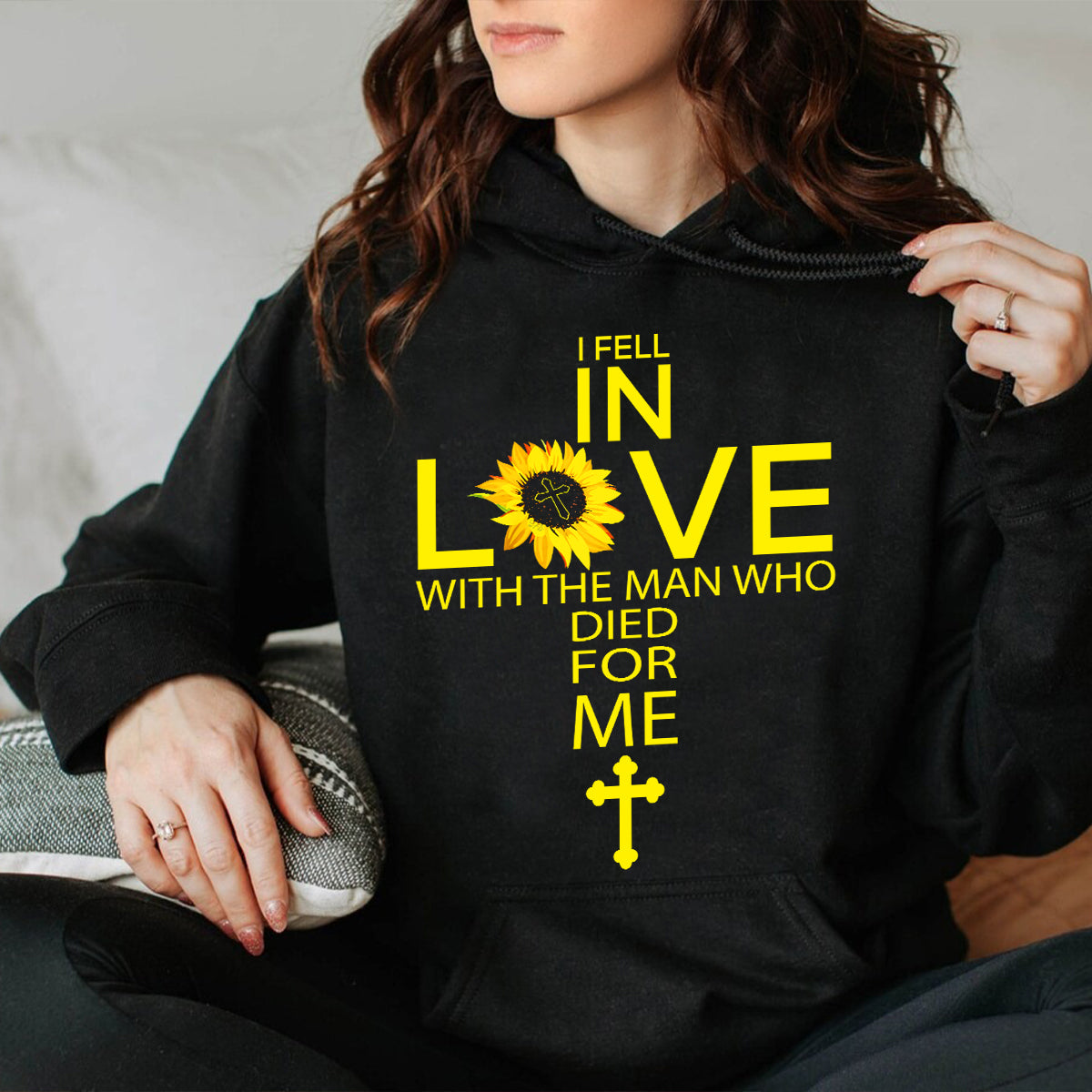 Teesdily | Jesus Christian Cross Sunflower Tshirt, I Fell In Love With The Man Who Died For Me Sweatshirt Hoodie Mug, Gift For Women In Faith