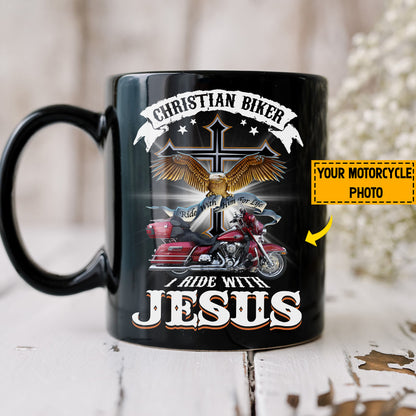 Teesdily | Personalized Motorcycle Photo Shirt, Christian Biker Shirt, I Ride With Jesus Hoodie Sweatshirt Mug, Motorcycle Gifts