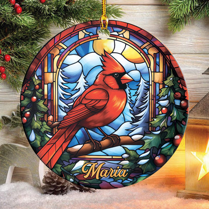 Teesdily | Personalized Cardinal Bird Stained Glass Art Design Circle Ceramic Ornament, Jesus Lovers Gifts, Christian Christmas Gifts, Xmas Decor