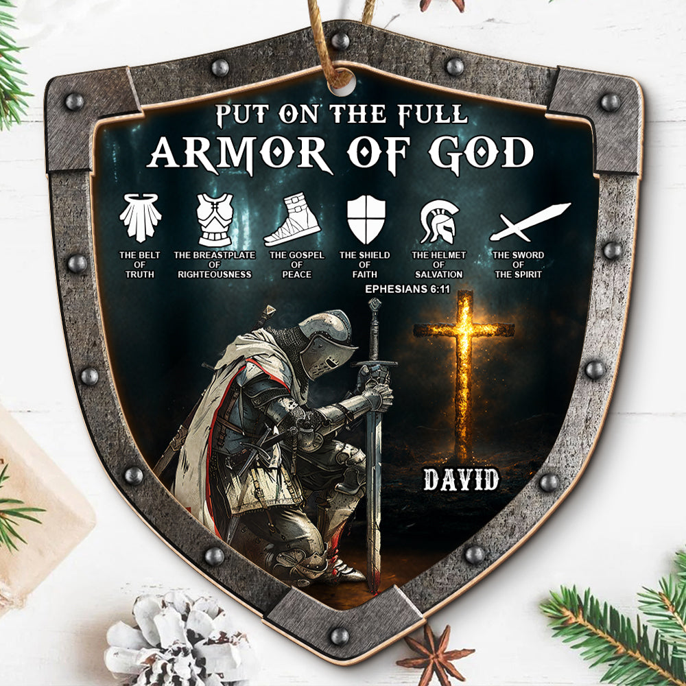 Teesdily | Personalized Warrior Of Jesus Wooden Ornament Christmas, Put On The Full Armor Of God Ornament 2024, Family Keepsake Decor Xmas Tree Gift