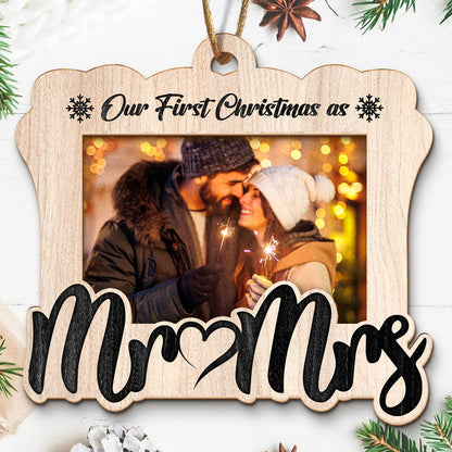 Teesdily | Personalized Our First Christmas As Mr Mrs 2 Layers Wooden Ornament, Wedding Couple Ornament Christmas Anniversary Gift