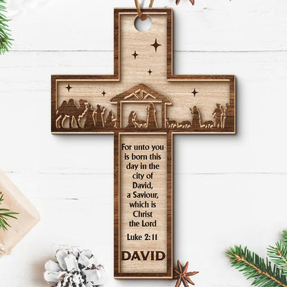 Teesdily | Customized Jesus Nativity Holy Night 2 Layered Wood Ornament, For Unto You Is Born A Savior Christmas Ornament