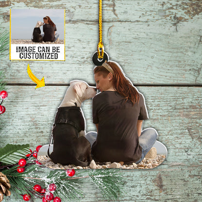 Teesdily | Customized Woman And Her Dog Christmas Hanging Ornament Dogs Owner Gift Christmas Decoration Puppy Lover Gifts Personalized Photo Ornament