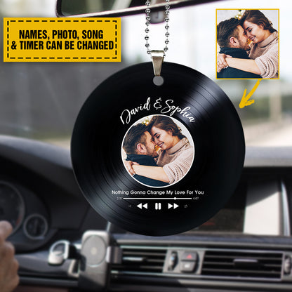 Teesdily | Couple Personalized Vinyl Rear View Mirror Accessories, Custom Photo Ornament Plastic Hanging, Customized Song Ornament, Couple Gifts