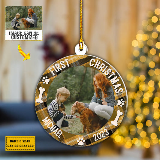 Teesdily | Personalized Pet Ornament With Photo First Christmas Car Pendant Hanging Pet 1st Christmas Rear View Mirror Accessories Pet Lover Gifts