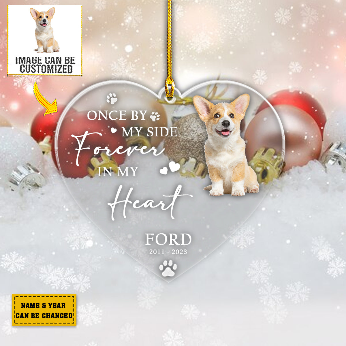 Teesdily | Pet Remembrance Personalized Ornament With Picture Once By My Side Forever In My Heart Car Ornament Pet Loss Gift Memorial Xmas Car Decor