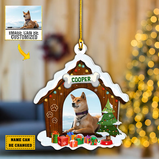 Teesdily | Dog Christmas Wood House Shape Ornament Customized Picture Dog Pet Personalized 2D Ornament Dog First Christmas Ornament Memory Keepsake