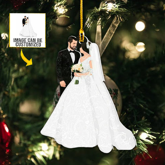 Teesdily | Customized Photo Married Bride Groom Christmas Ornament First Christmas Married Ornament Newlywed Christmas Custom Gifts