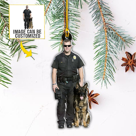 Teesdily | Customized Photo Police And Dog Rearview Mirror Charms Policeman Christmas Ornament Custom Photo Ornament Two Sided Rearview Mirror Charms