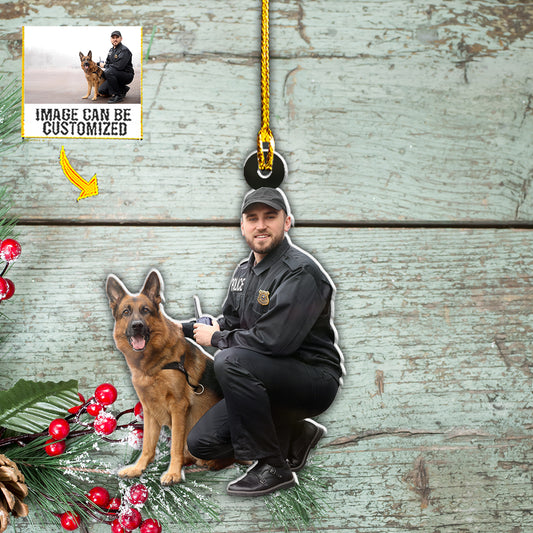 Teesdily | Customized Police Officer And German Shepherd Dog Car Hanging Ornament Custom Ornament From Photo Police Christmas Gifts